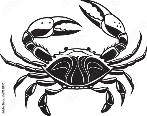 Silhouette of a crab in black and white against a white background, featured in a vector art illustration collection