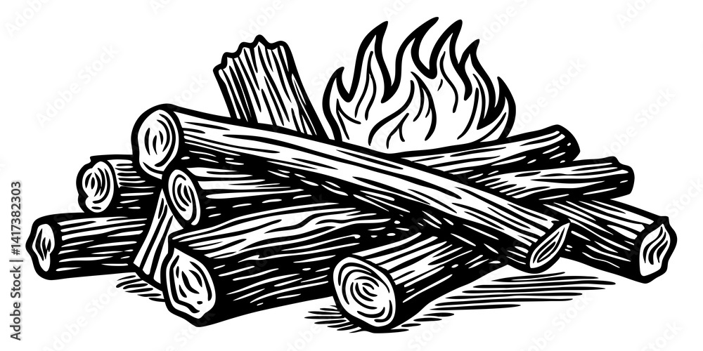 Bocetos antiguos de una pila de leña con troncos, ramitas y yesca. Ilustraciones de madera dibujadas a mano con tinta que muestran texturas y sombreados detallados, aisladas sobre fondo blanco para te