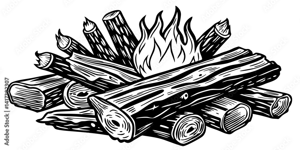 Bocetos antiguos de una pila de leña con troncos, ramitas y yesca. Ilustraciones de madera dibujadas a mano con tinta que muestran texturas y sombreados detallados, aisladas sobre fondo blanco para te