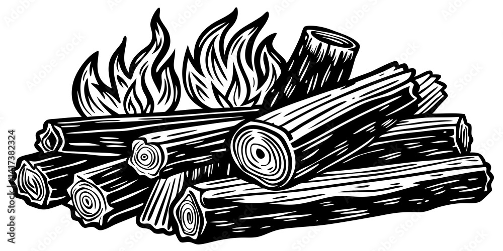 Bocetos antiguos de una pila de leña con troncos, ramitas y yesca. Ilustraciones de madera dibujadas a mano con tinta que muestran texturas y sombreados detallados, aisladas sobre fondo blanco para te