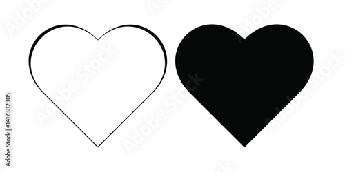 Minimalistic black and white heart icons, Filled and outline versions.