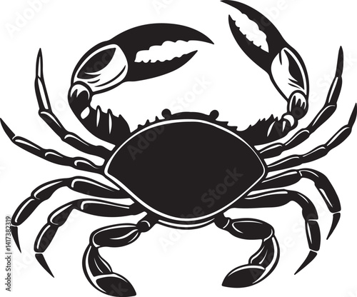 Silhouette of a crab in black and white against a white background, featured in a vector art illustration collection