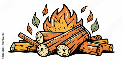 Stacked firewood logs, twigs, and kindling with shading and texture on white. Rustic timber bundle illustration for autumn camping, survival gear, outdoor preparation, and cozy seasonal themes.