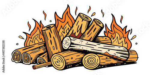 Stacked firewood logs, twigs, and kindling with shading and texture on white. Rustic timber bundle illustration for autumn camping, survival gear, outdoor preparation, and cozy seasonal themes.