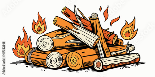 Stacked firewood logs, twigs, and kindling with shading and texture on white. Rustic timber bundle illustration for autumn camping, survival gear, outdoor preparation, and cozy seasonal themes.
