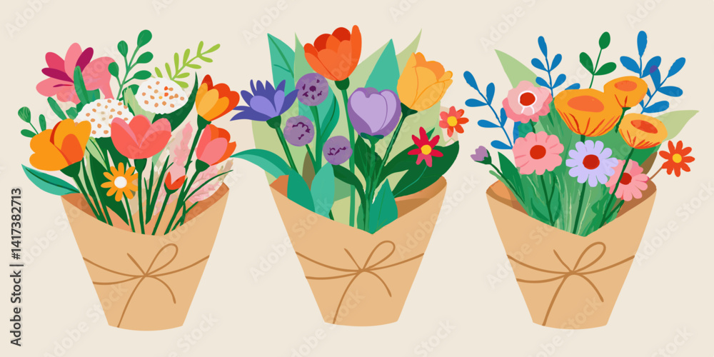 Hermosos ramos florales envueltos en papel kraft con flores de primavera y verano. Flores vibrantes envueltas en papel rústico, arreglos florales de temporada en colores frescos y vibrantes.