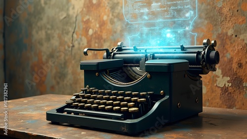 Vintage Typewriter with Digital Hologram Overlay: Classic Meets Modern Technology