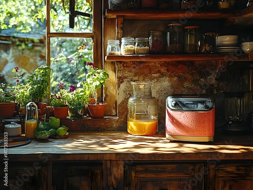 Sunny rustic kitchen with healthy breakfast