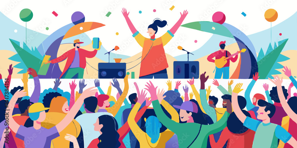 Público entusiasmado en un festival de música bailando bajo luces de colores en un escenario al aire libre. Jóvenes disfrutando de actuaciones en vivo, una vibrante fiesta veraniega con un público ené Público entusiasmado en un festival de música bailando bajo luces de colores en un escenario al aire libre. Jóvenes disfrutando de actuaciones en vivo, una vibrante fiesta veraniega con un público ené