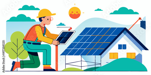 Ingeniero de dibujos animados con paneles solares en el tejado instalando energía limpia. Personaje experto en energías renovables trabajando en un sistema de energía verde, instalando energía sosteni