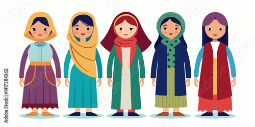 Stylish Arabic women in oriental clothing, modern fashion look. Cartoon illustrations of young Middle Eastern women in traditional hijab, abaya, kaftan, and trendy ethnic outfits.

