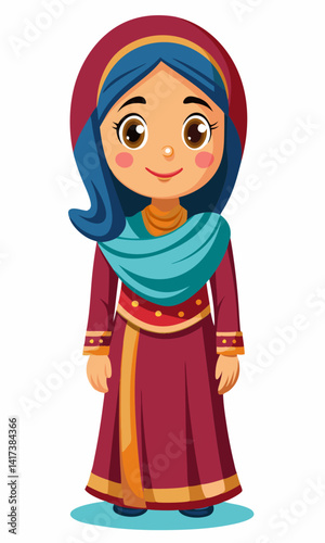 Stylish Arabic women in oriental clothing, modern fashion look. Cartoon illustrations of young Middle Eastern women in traditional hijab, abaya, kaftan, and trendy ethnic outfits.

