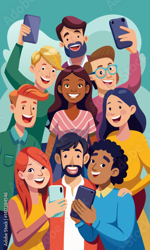 Cartoon characters of diverse people taking selfies with mobile phones, capturing joyful moments and memories.