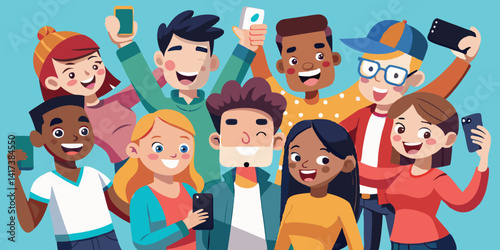 Cartoon characters of diverse people taking selfies with mobile phones, capturing joyful moments and memories.
