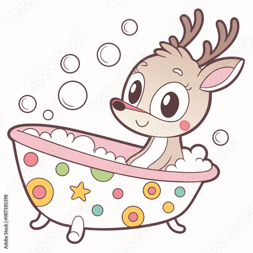 Vector cartoon cute baby deer bathing in bathtub filled with foam