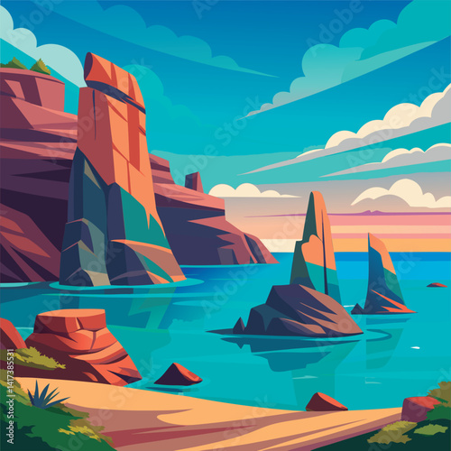 Coastal rocks and vibrant water.