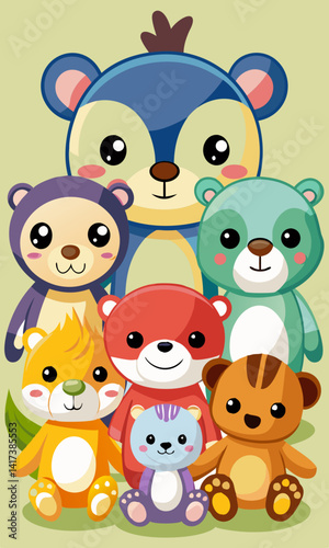 Lindos animales de peluche en colores brillantes, suaves y tiernos animales de peluche estilo dibujos animados para niños.