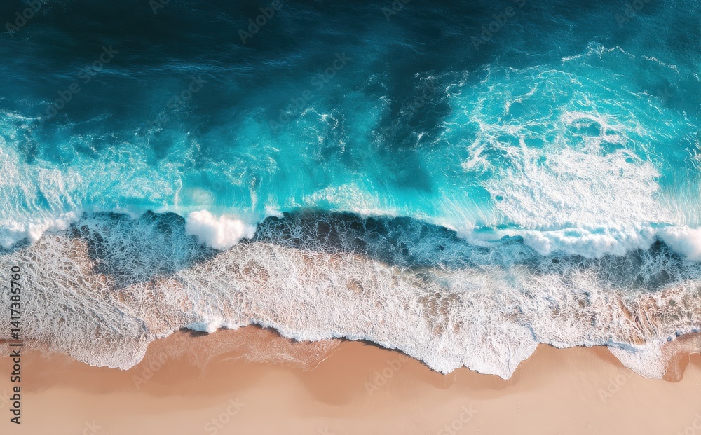 Aerial view of turquoise ocean waves crashing on a sandy beach. Serenity and beauty of nature. Aerial view of turquoise ocean waves crashing on a sandy beach. Serenity and beauty of nature.