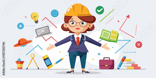 Personaje de mujer de negocios con iconos de construcción a su alrededor.