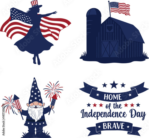 Patriotic 4th of July Clipart Bundle | USA Gnome, Flag Lady, Farmhouse, Independence Day Quote | Red White Blue SVG PNG Designs