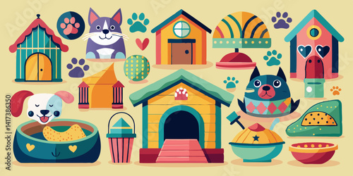 Colorido conjunto de casetas de perro de dibujos animados con diseños divertidos y accesorios para perros. Casetas divertidas y vibrantes de diversas formas, que incluyen camas y comederos para mascot