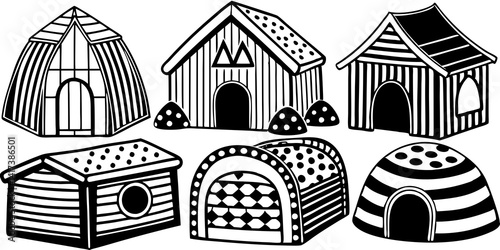 Line Art Of Colorful set of cartoon doghouses with playful designs and dog accessories. Fun, vibrant doghouses in various shapes, including beds and bowls for pets