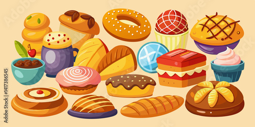 Cartoon bakery products collection with vibrant colors. Loaves of bread, pastries, bagels, and more in playful illustrations.

