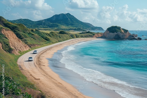 Scenic coastal road winding along a sandy beach with turquoise water and green hills