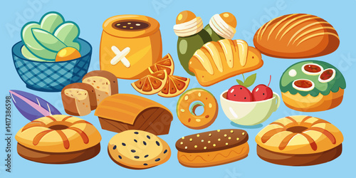 Cartoon bakery products collection with vibrant colors. Loaves of bread, pastries, bagels, and more in playful illustrations.

