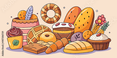 Cartoon bakery products collection with vibrant colors. Loaves of bread, pastries, bagels, and more in playful illustrations.

