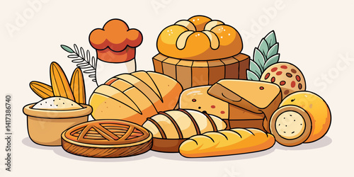 Colección de productos de panadería con dibujos animados y colores vibrantes. Panes, pasteles, bagels y más con ilustraciones divertidas.