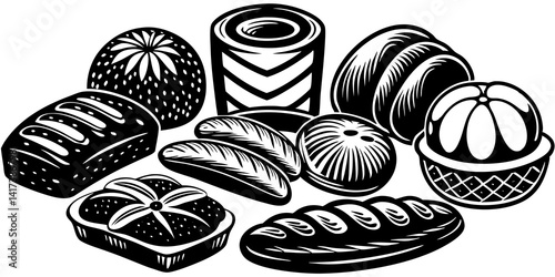 Line Art Of Cartoon bakery products collection with vibrant colors. Loaves of bread, pastries, bagels, and more in playful illustrations.

