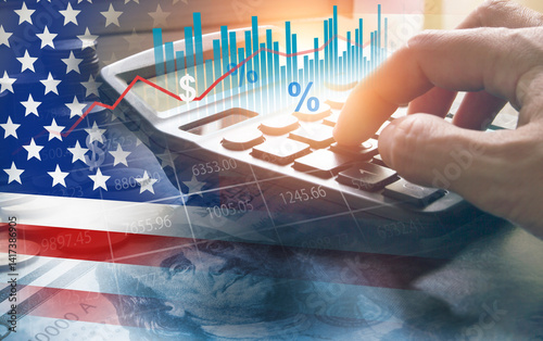 US tariff rate rising , trade policy , business graph and dollars banknote , tax calculation change