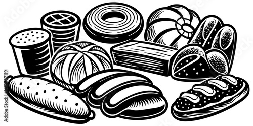 Line Art Of Cartoon bakery products collection with vibrant colors. Loaves of bread, pastries, bagels, and more in playful illustrations.

