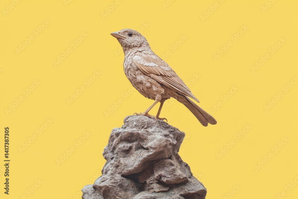 Fototapeta premium Light Beige Bird Perched on a Stacked Stone Sculpture.