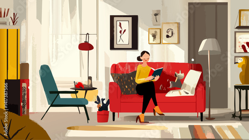 Mom Reading Bedtime Story to Kids in Living Room
