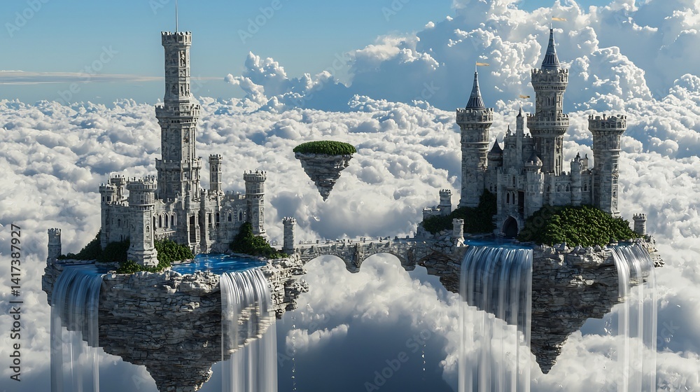 Fototapeta premium Majestic Fantasy Castle Floating Above Clouds and Waterfalls in a Dreamy Scene
