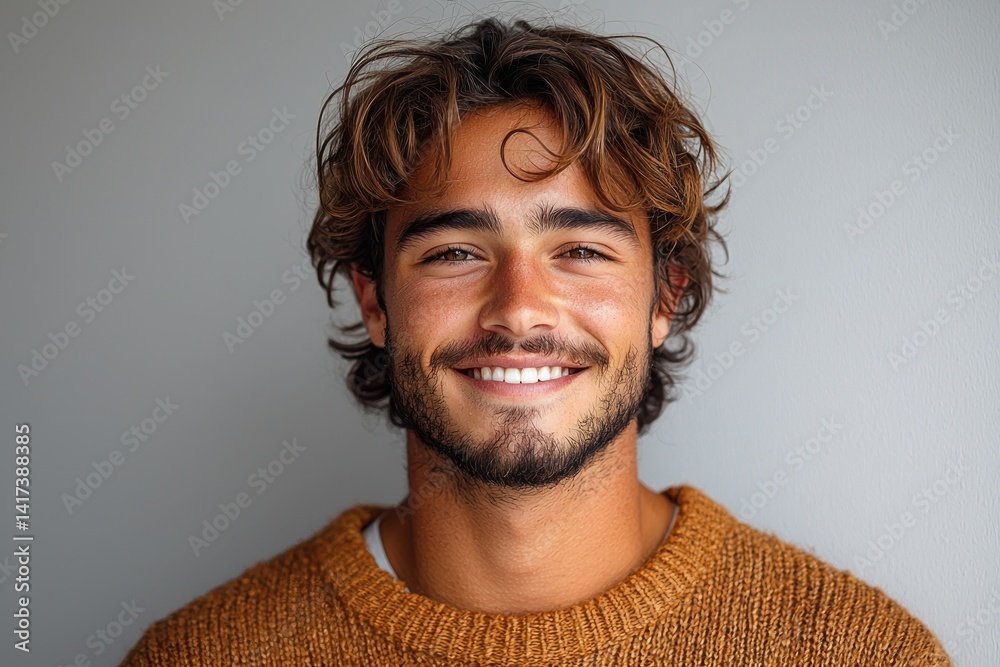 Smiling young man with tousled hair and light beard wearing a brown knit sweater against neutral background Generative AI