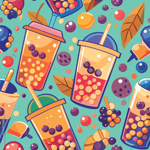 Colorful bubble tea drinks pattern.