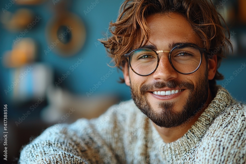 Smiling young man with wavy hair and glasses wearing cozy knit sweater sitting in warm stylish interior with blue wall Generative AI