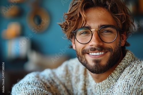 Obraz na płótnie Smiling young man with wavy hair and glasses wearing cozy knit sweater sitting in warm stylish interior with blue wall Generative AI w salonie