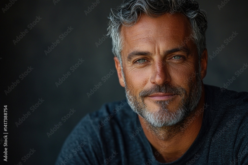 Confident mature man with gray beard and piercing blue eyes looking directly at camera on dark background Generative AI