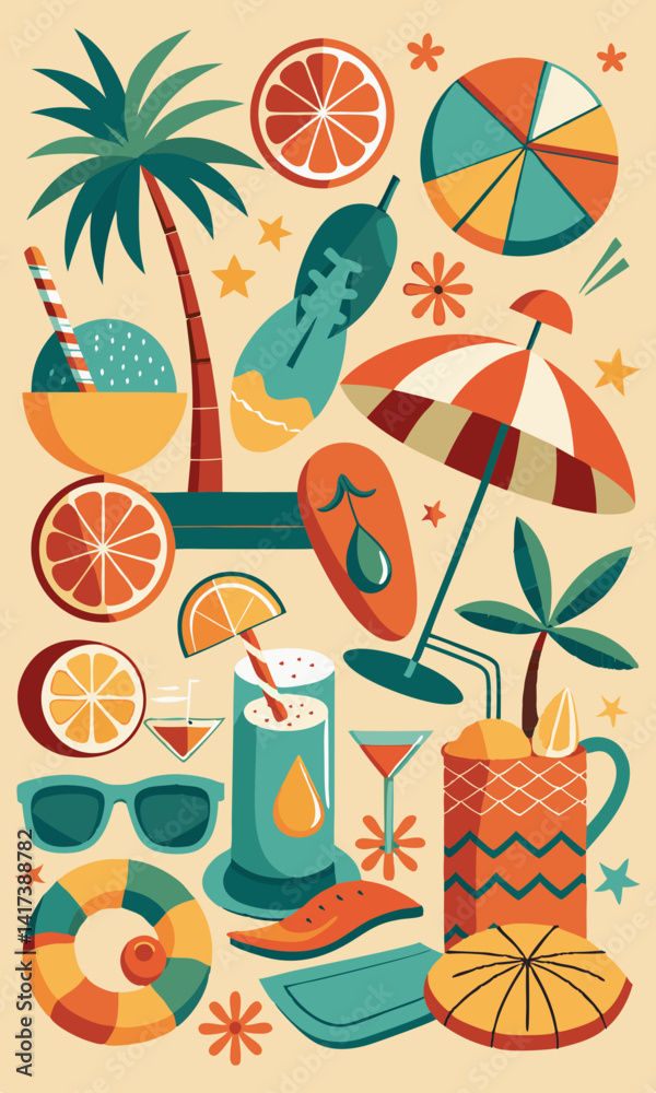 Elementos retro de fiesta playera con sol, cócteles, chanclas y palmeras. Ilustración divertida y vibrante de una escena playera de verano.