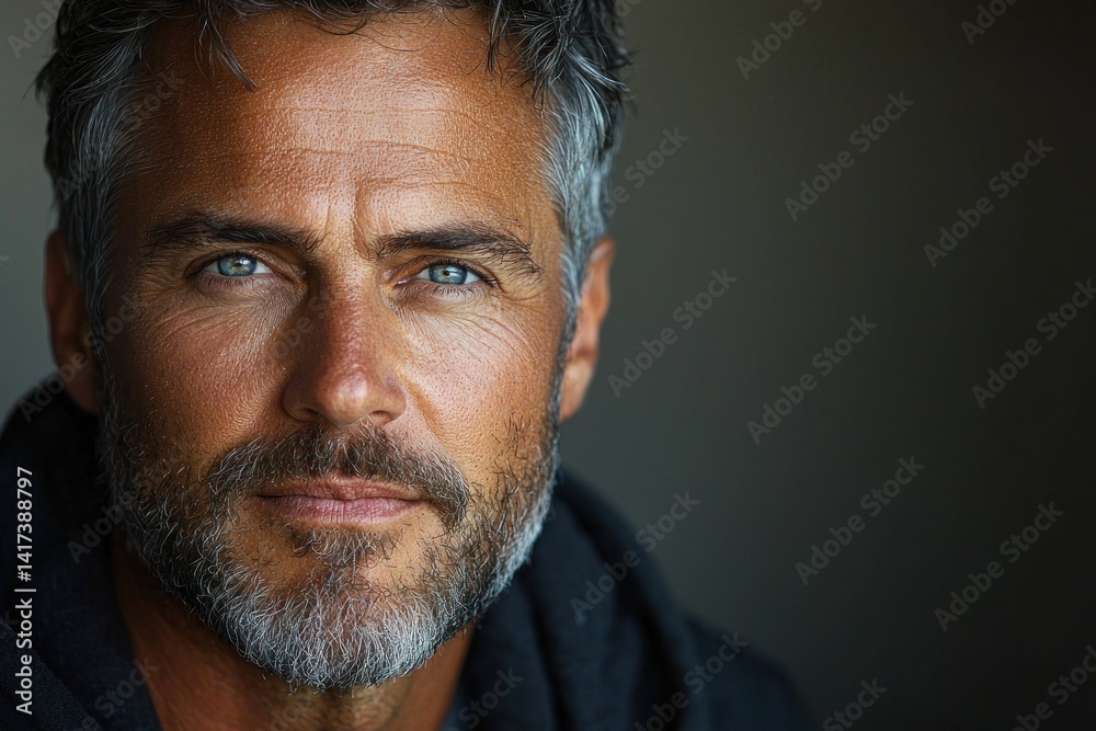 Confident mature man with gray beard and piercing blue eyes looking directly at camera on dark background Generative AI