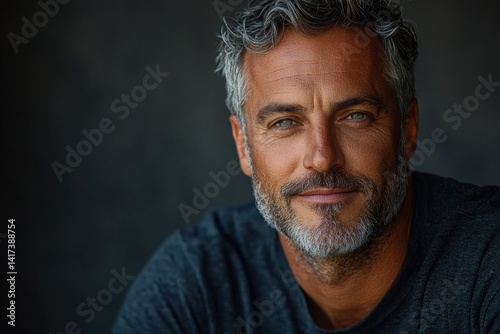 Obraz na płótnie Confident mature man with gray beard and piercing blue eyes looking directly at camera on dark background Generative AI w salonie