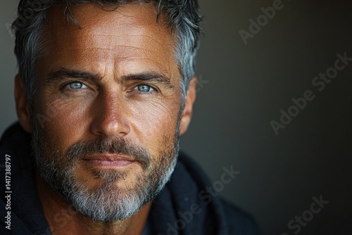 Obraz na płótnie Confident mature man with gray beard and piercing blue eyes looking directly at camera on dark background Generative AI w salonie