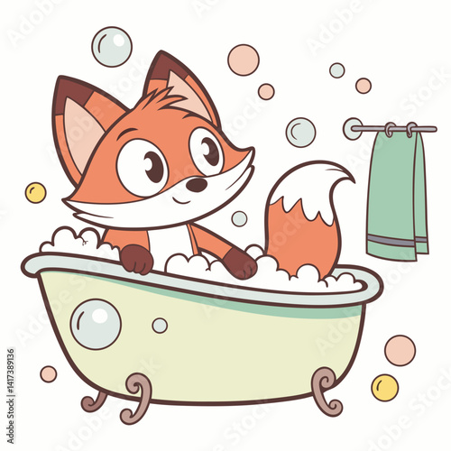 Vector cartoon cute fox bathing in bathtub filled with foam