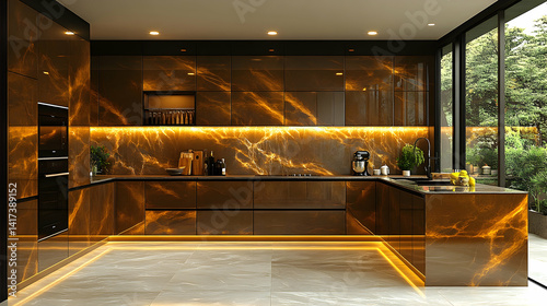 Gleaming kitchen dark marbled cabinets with glowing underlights and large windows displaying lush greenery photo