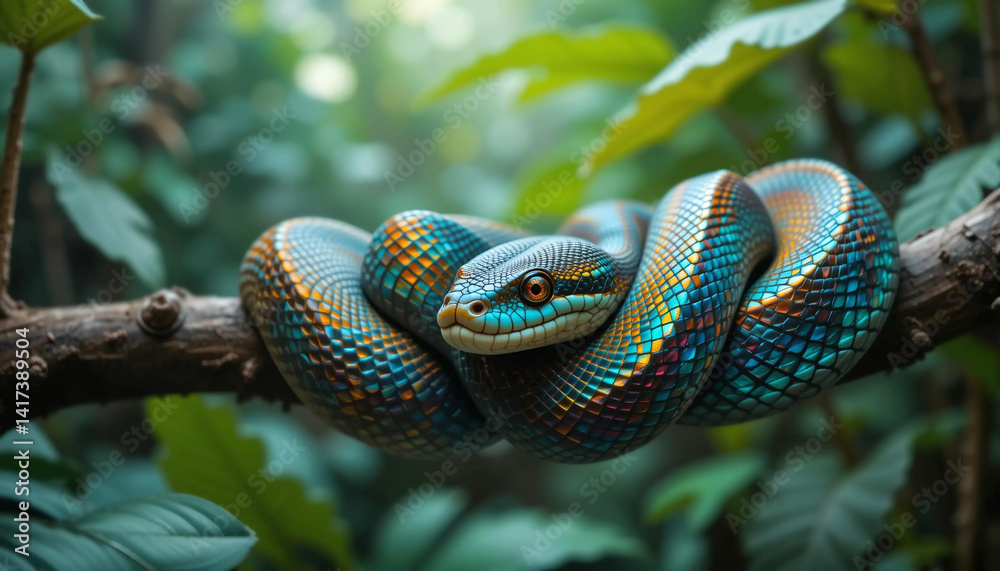 Fototapeta premium Colorful Snake Rests on a Tree Branch Surrounded by Lush Green Foliage in a Tropical Rainforest Setting During Daylight Generative AI