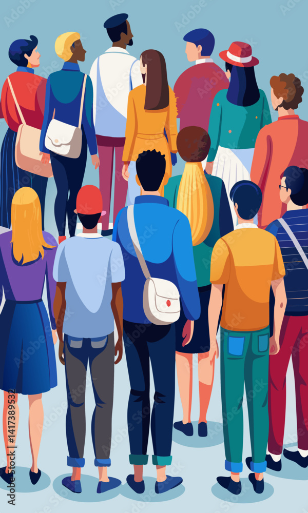 Obraz premium Back view of diverse crowd in casual clothing walking in the city street. Group of people in different outfits enjoying a sunny day, seen from behind